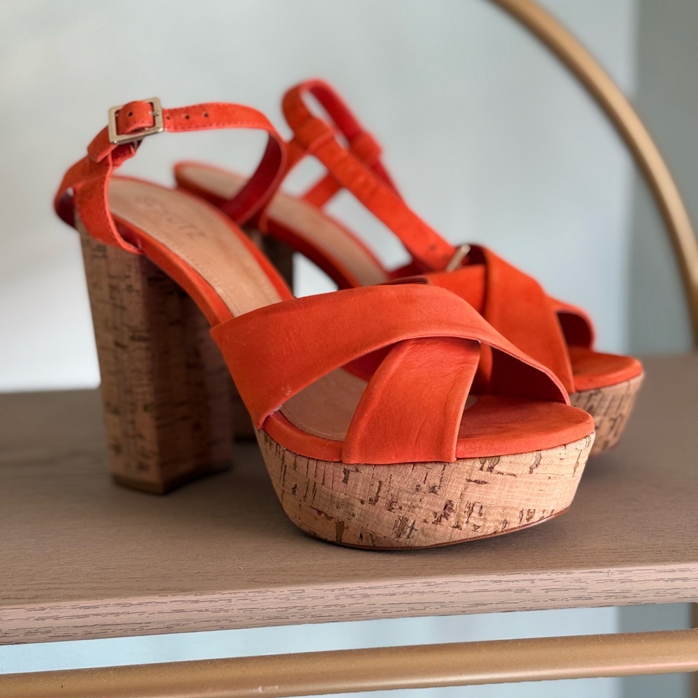 EUC Women's Orange Cork Platform Sandals - Strappy High Heel
